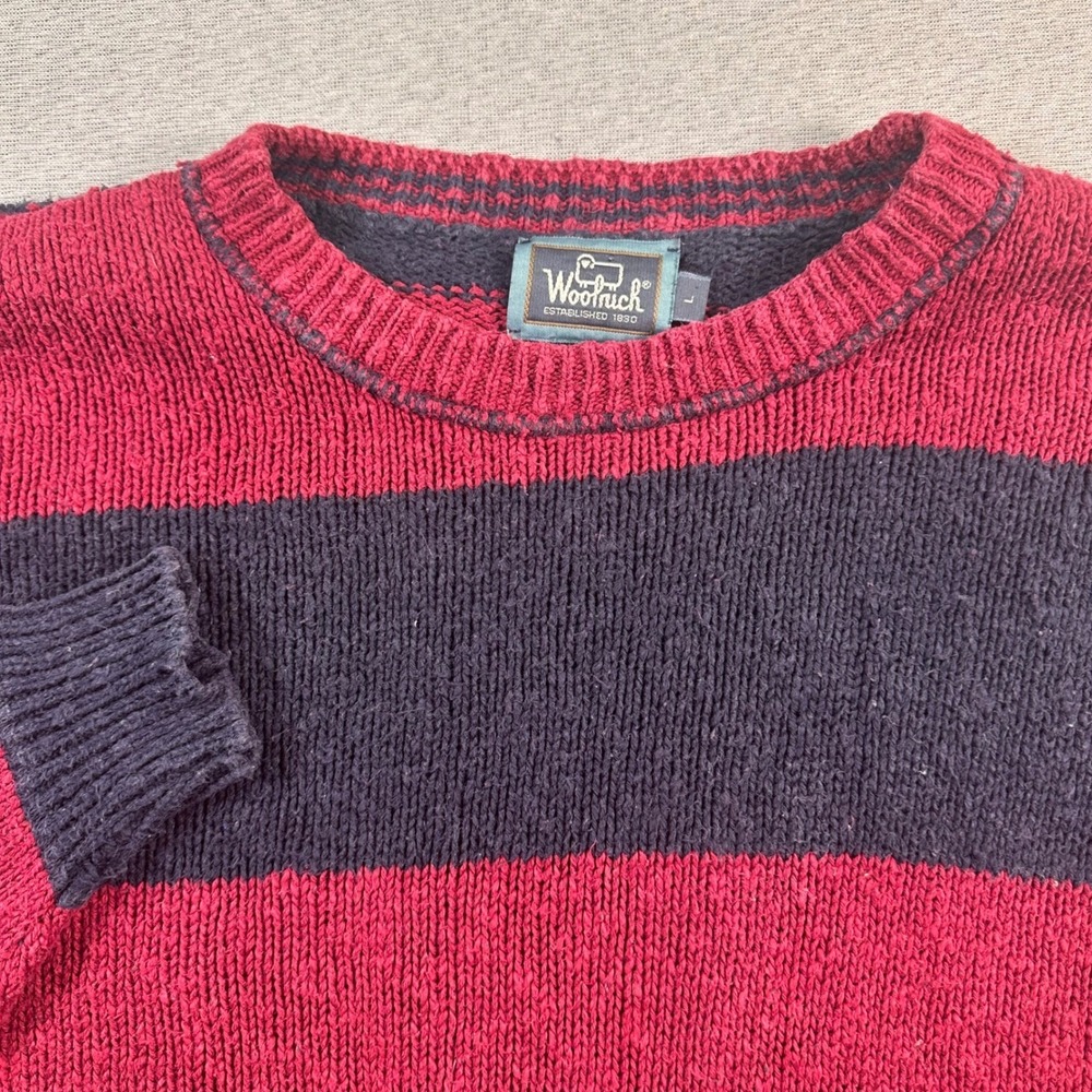 VTG Woolrich‎ Knitted Sweater Mens Large Red Navy Striped Crewneck Made USA 90s